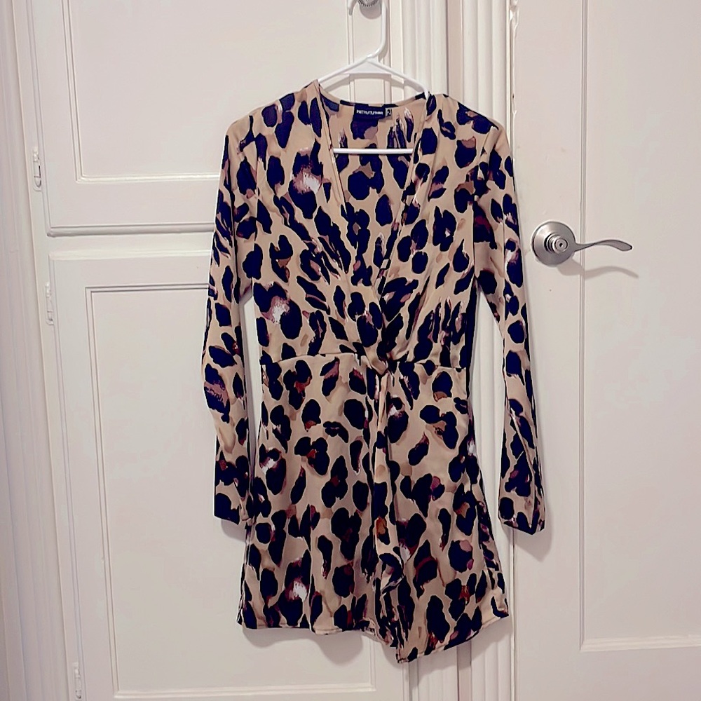 Pretty Little Thing. UK 8, US 4. Leopard Print, Long Sleeve Wrap Dress